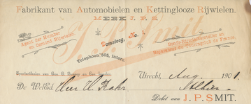 712068 Kop van een nota van J.P. Smit, Fabrikant van Automobielen en Kettinglooze Rijwielen. Bonds-Rijwielhersteller en ...